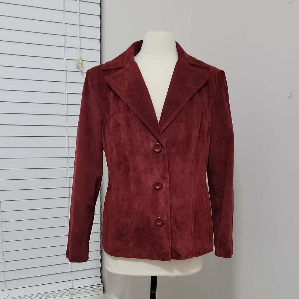 90s Suede Jacket, Vintage Preston & York Burgundy Leather Coat, Women's Size L